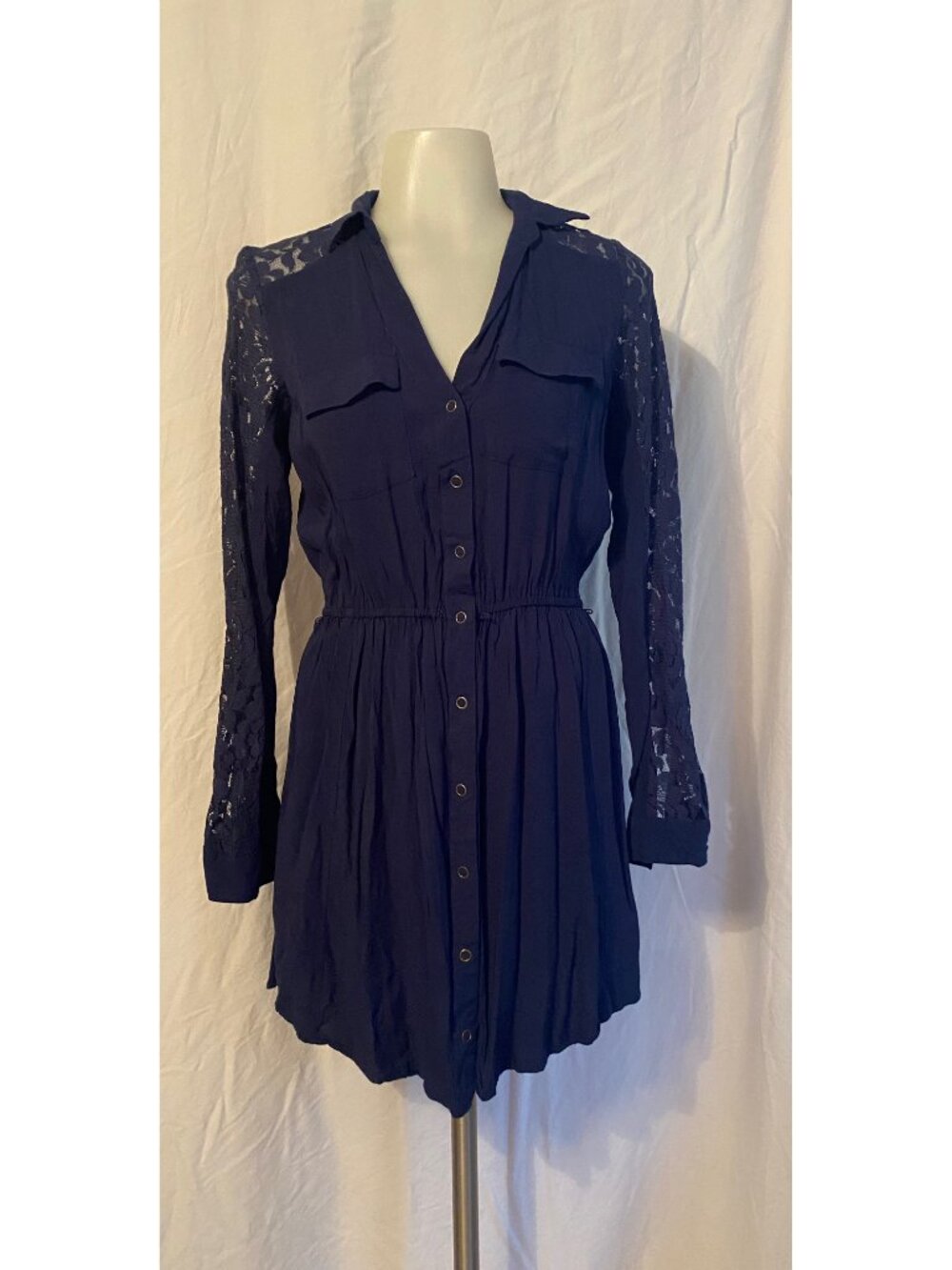 Margo & Sebastian Navy Blue Lace Sleeve Button Front Shirt Dress